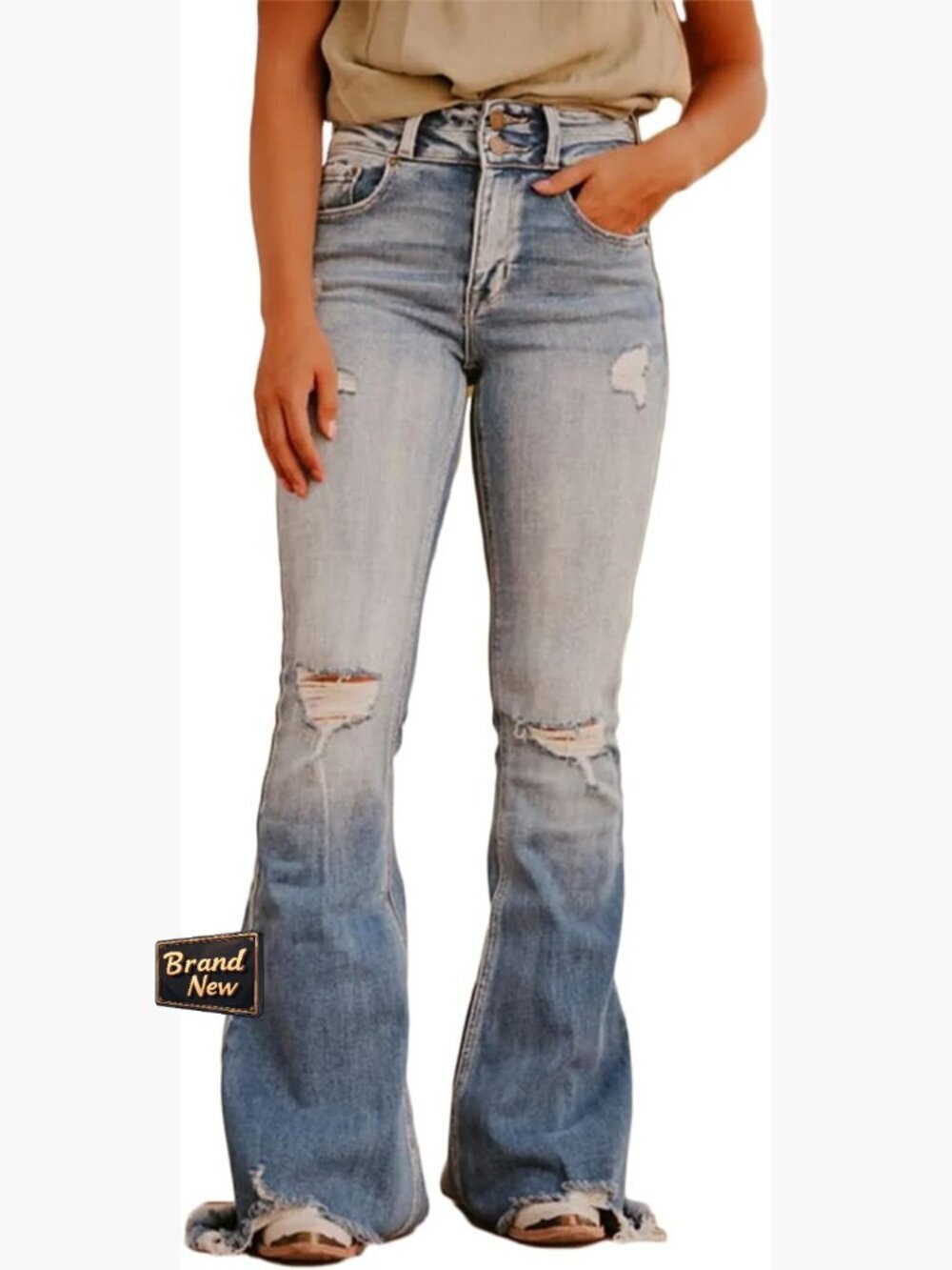 Bell Bottom Ripped High Waist Stretchy Distressed Denim Bootcut Jeans